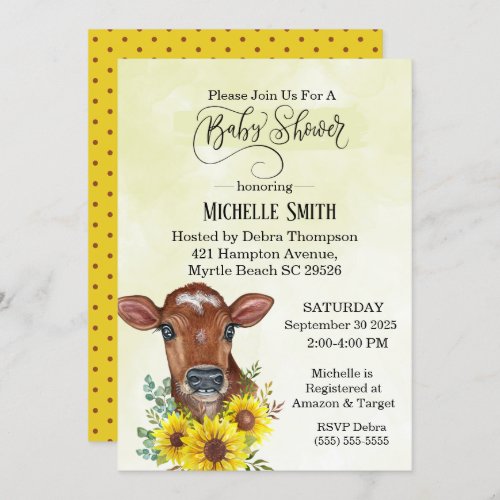 Farm Cow Sunflower Yellow Watercolor Baby Shower Invitation