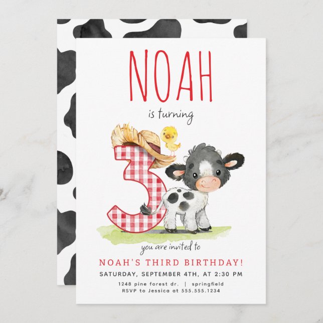 Farm Cow Third Birthday Invitation (Front/Back)