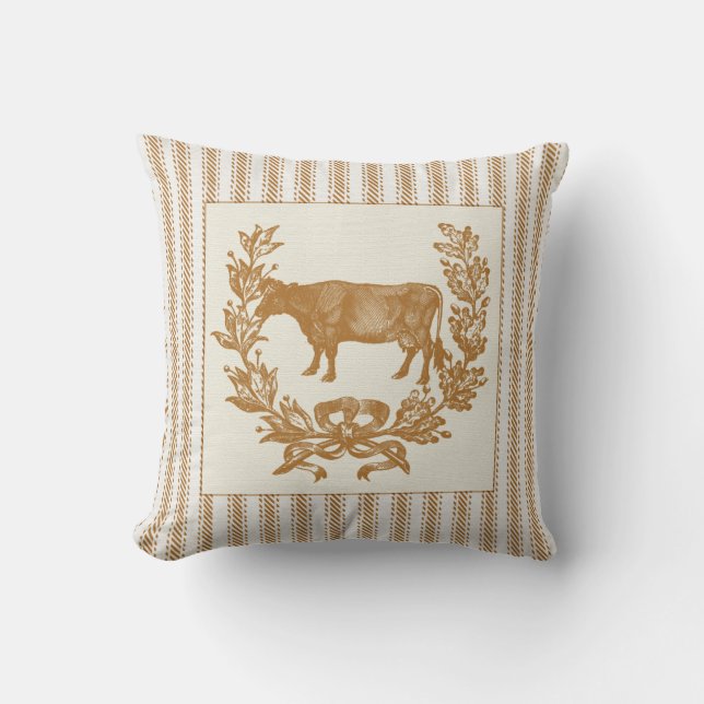 Farm Cow with Wreath on Brown Ticking Throw Pillow (Front)