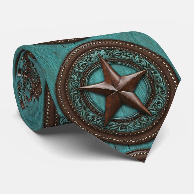 Farm Cowboy Country Western Turquoise Texas Star  Neck Tie (Rolled)