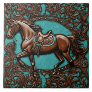 Farm Cowboy Western Country Turquoise Brown Horse  Ceramic Tile