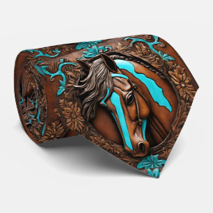 Farm Cowboy Western Country Turquoise Brown Horse Neck Tie