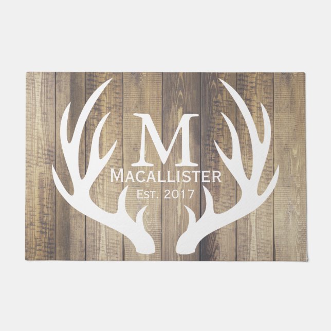Farm Elegant White Deer Buck Antlers & Rustic Wood Doormat (Front)