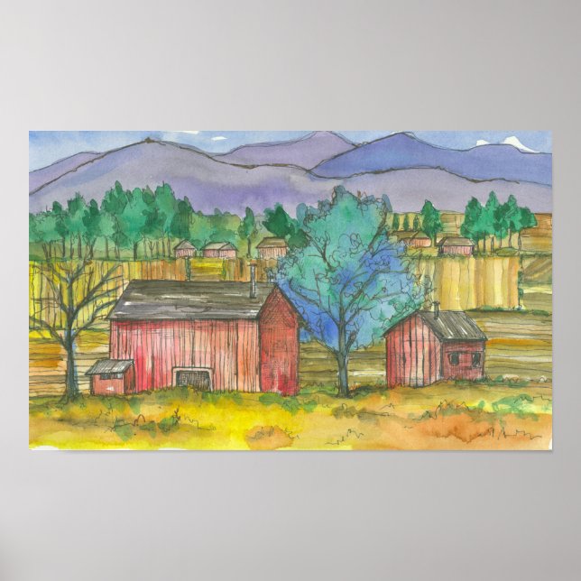 Farm Fields Red Barns Watercolor Landscape Poster (Front)