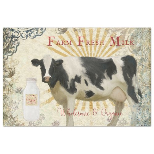 Farm Fresh Black n White Cow w Sun Rays Decoupage Tissue Paper