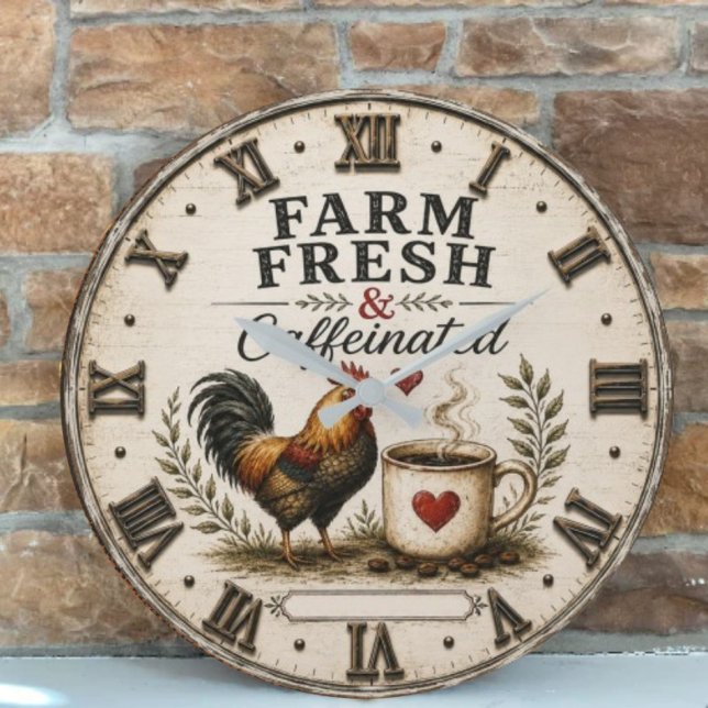 Farm Fresh & Caffeinated Rustic Rooster Coffee Large Clock (Creator Uploaded)