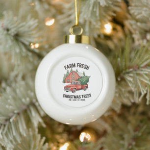 Farm Fresh Christmas Trees Farmhouse Pickup Truck Ceramic Ball Christmas Ornament