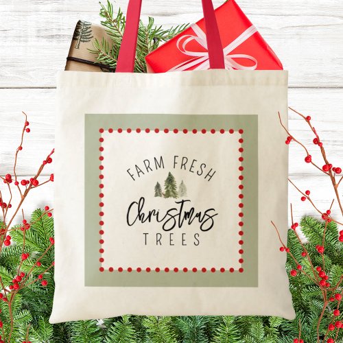 Farm Fresh Christmas Trees Green Red Watercolor Tote Bag