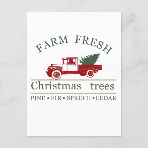 Farm fresh classic vintage red truck pine trees holiday postcard