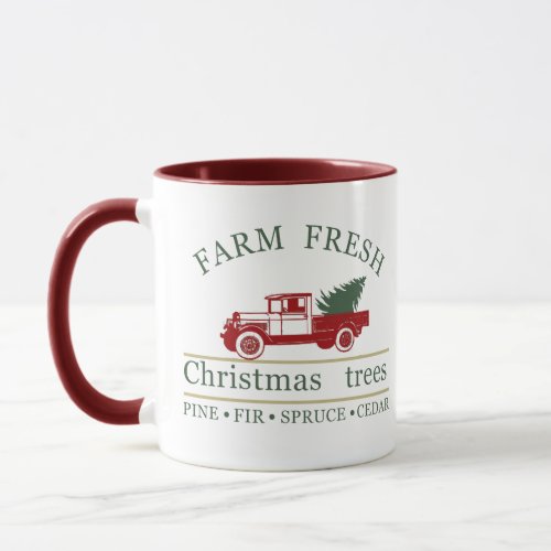 Farm fresh classic vintage red truck pine trees mug