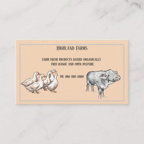 Farm Fresh Cow and Ducks Pen and Ink Sketch Business Card