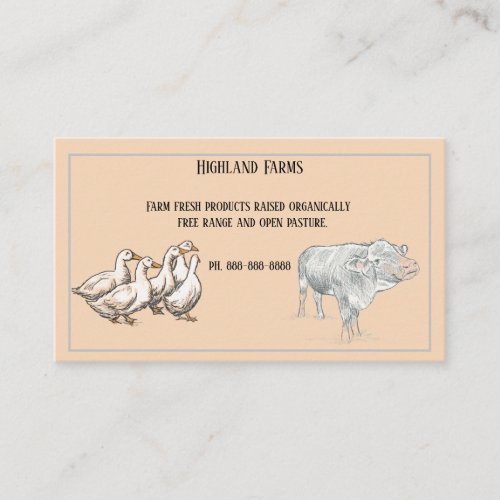 Farm Fresh Cow and Ducks Pen and Ink Sketch Business Card