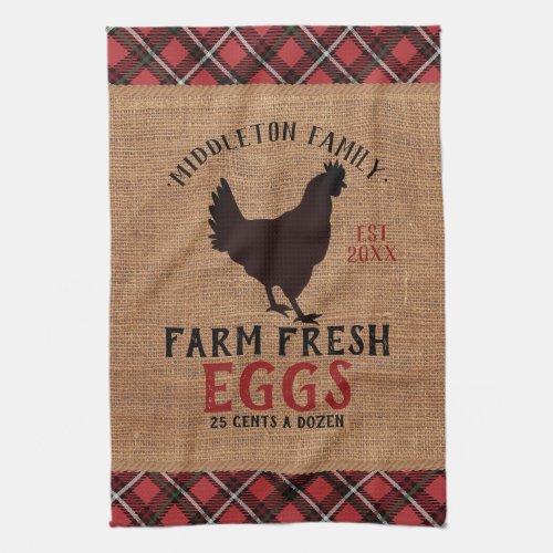 Farm Fresh  Eggs in a Vintage and Plaid Kitchen Towel