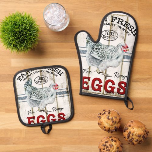 Farm Fresh Eggs  Oven Mitt  Pot Holder Set