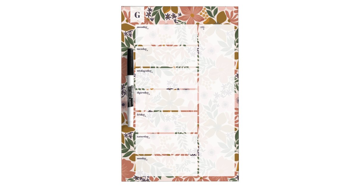 Farm Fresh Floral Monogram Weekly Calendar Dry Erase Board | Zazzle