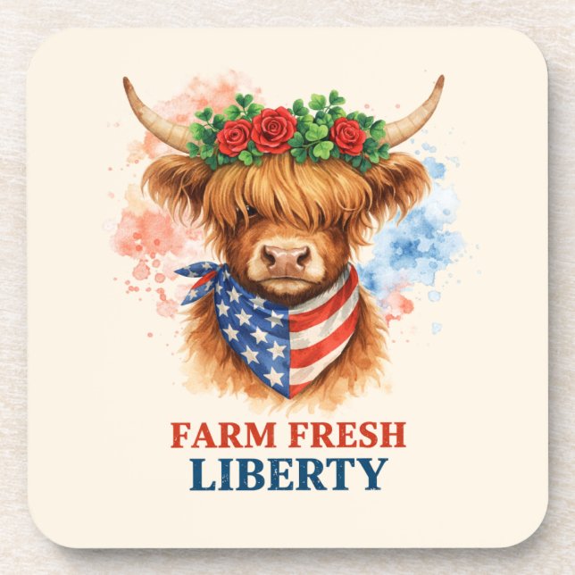 Farm Fresh Liberty Highland Cow Patriotic USA Art Beverage Coaster (Front)