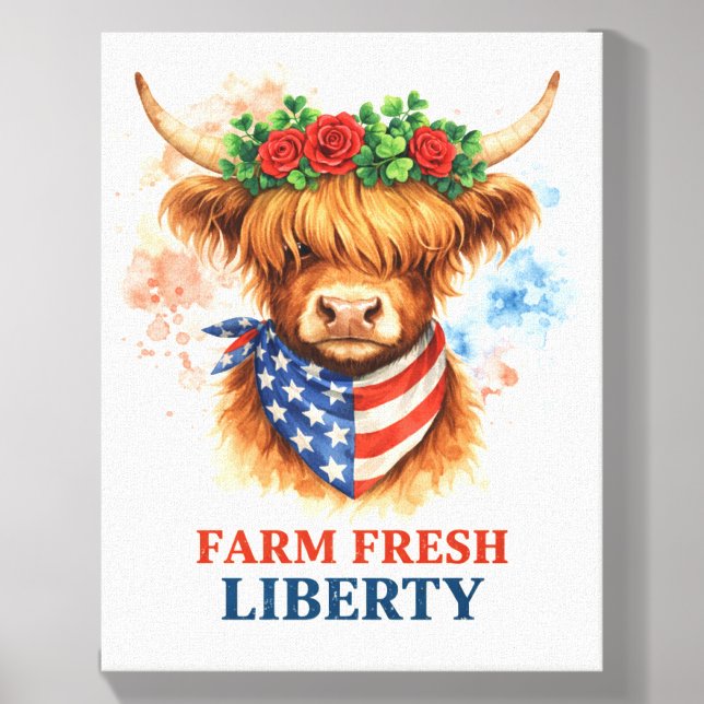 Farm Fresh Liberty Highland Cow Patriotic USA Art Canvas Photo Tile (Front Set)