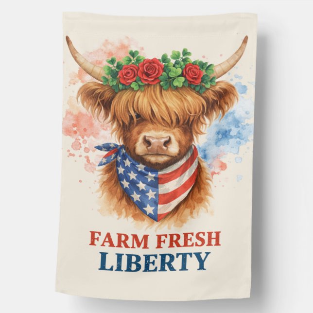 Farm Fresh Liberty Highland Cow Patriotic USA Art House Flag (Front)