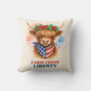 Farm Fresh Liberty Highland Cow Patriotic USA Art Throw Pillow