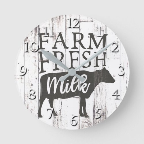 Farm Fresh Milk Cow White Wood Country Farmhouse Round Clock