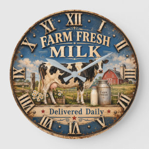 Farm Fresh Milk Dairy Cow Rustic Farmhouse Barn Large Clock