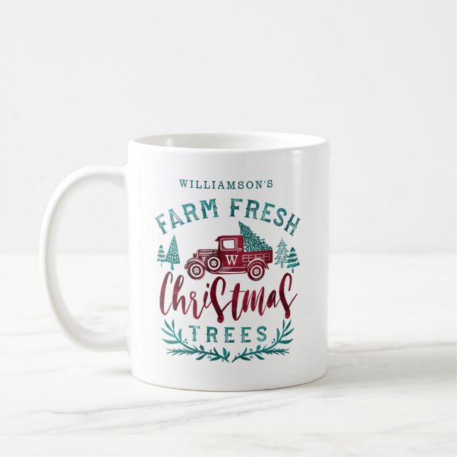 Farm Fresh Old Red Truck Christmas Tree Delivery Coffee Mug (Left)