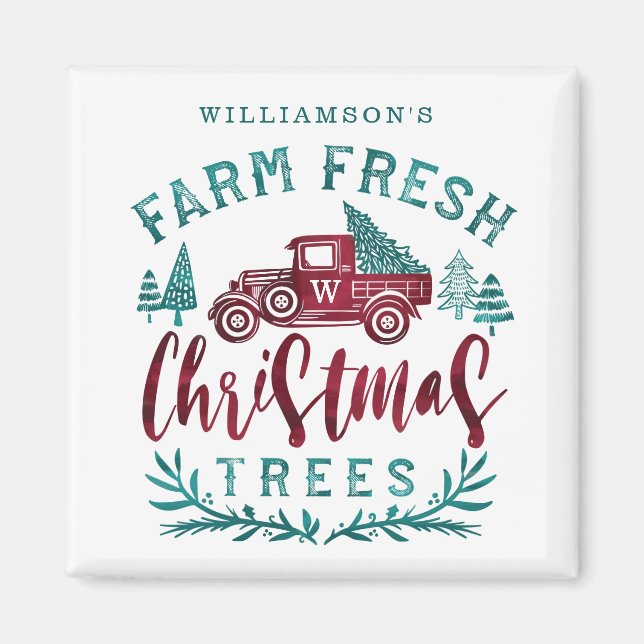 Farm Fresh Old Red Truck Christmas Tree Delivery Magnet (Front)