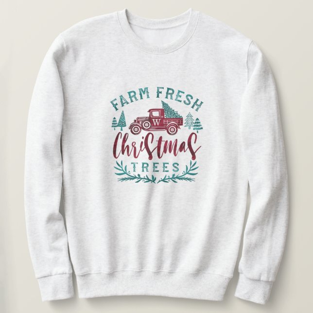 Farm Fresh Old Red Truck Christmas Tree Delivery Sweatshirt (Design Front)