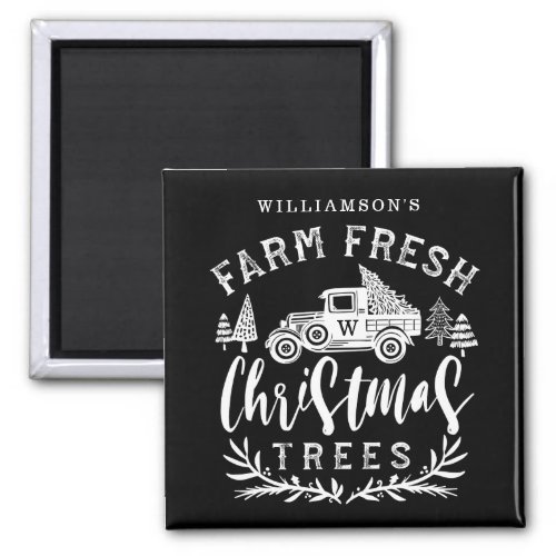 Farm Fresh Old Truck Christmas Tree Delivery Black Magnet