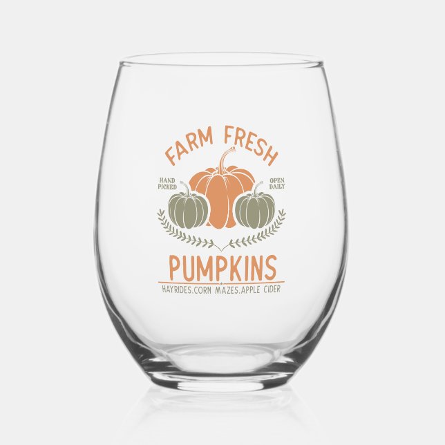 Farm Fresh Pumpkins | Hand Picked Stemless Wine Glass (Front)