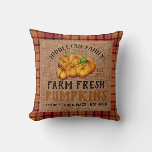 Farm Fresh Pumpkins in a Vintage and Plaid Throw Pillow
