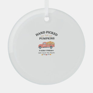 FARM FRESH, THANKSGIVING, OLD RED TRUCK PUMPKIN PA GLASS ORNAMENT