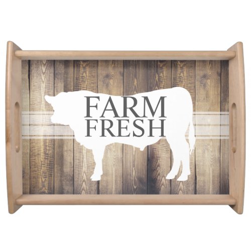Farm Fresh White Bull Silhouette Farmhouse Wood Serving Tray