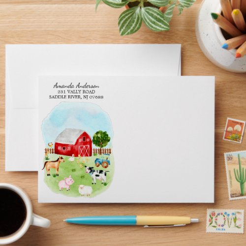 Farm Friends Baby Shower Envelope - Adorable farm animals design featuring a horse, pig, sheep cow, ducks, chickens and roaster for a girls, boys or neutral baby shower.