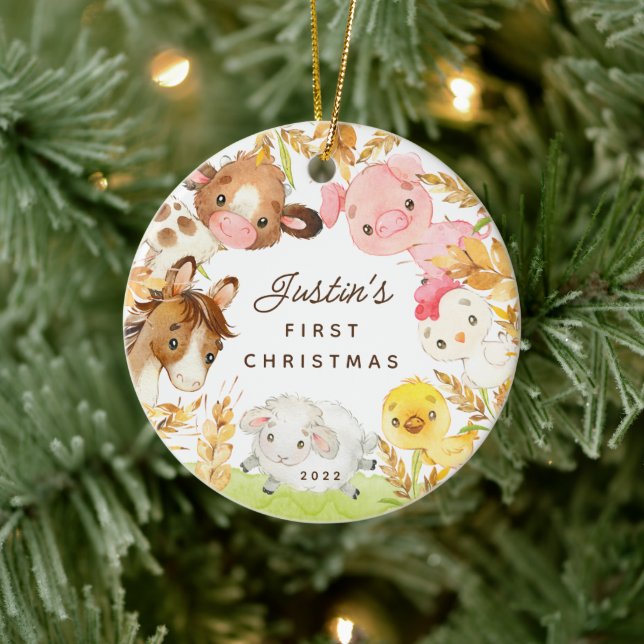 Farm Friends Baby's First Christmas Ceramic Ornament (Tree)