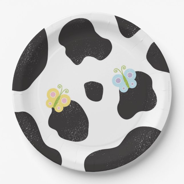 Farm Friends Cow Print Birthday Party Paper Plates (Front)