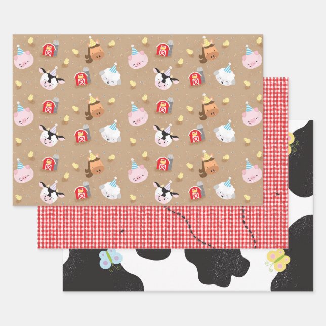 Farm Friends Set of 3 Birthday Party Wrapping Paper Sheets (Set)