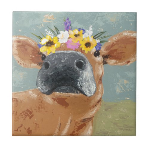 Farm Fun _ Cow with Flower Crown Ceramic Tile