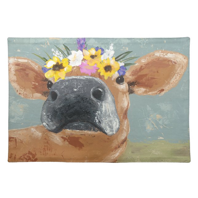 Farm Fun - Cow with Flower Crown Cloth Placemat (Front)