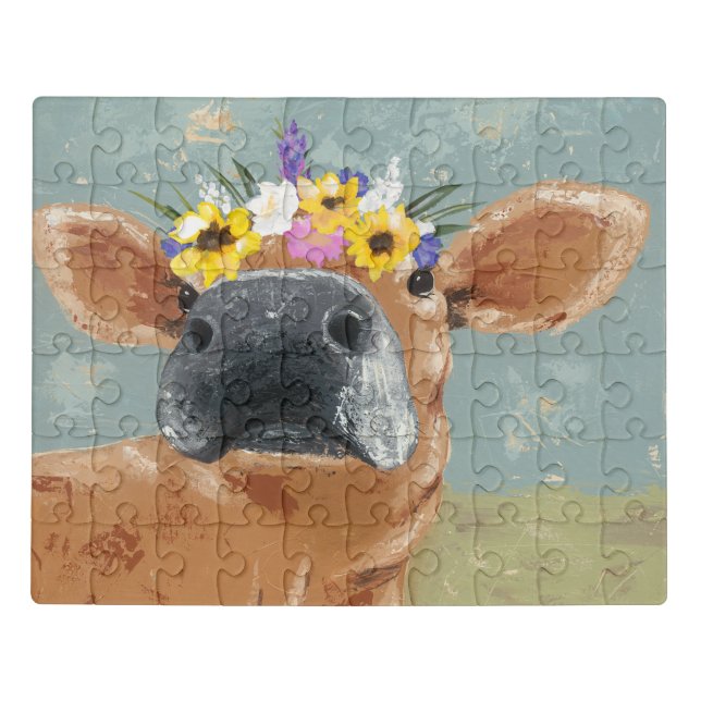 Farm Fun - Cow with Flower Crown Jigsaw Puzzle (Puzzle Horizontal)