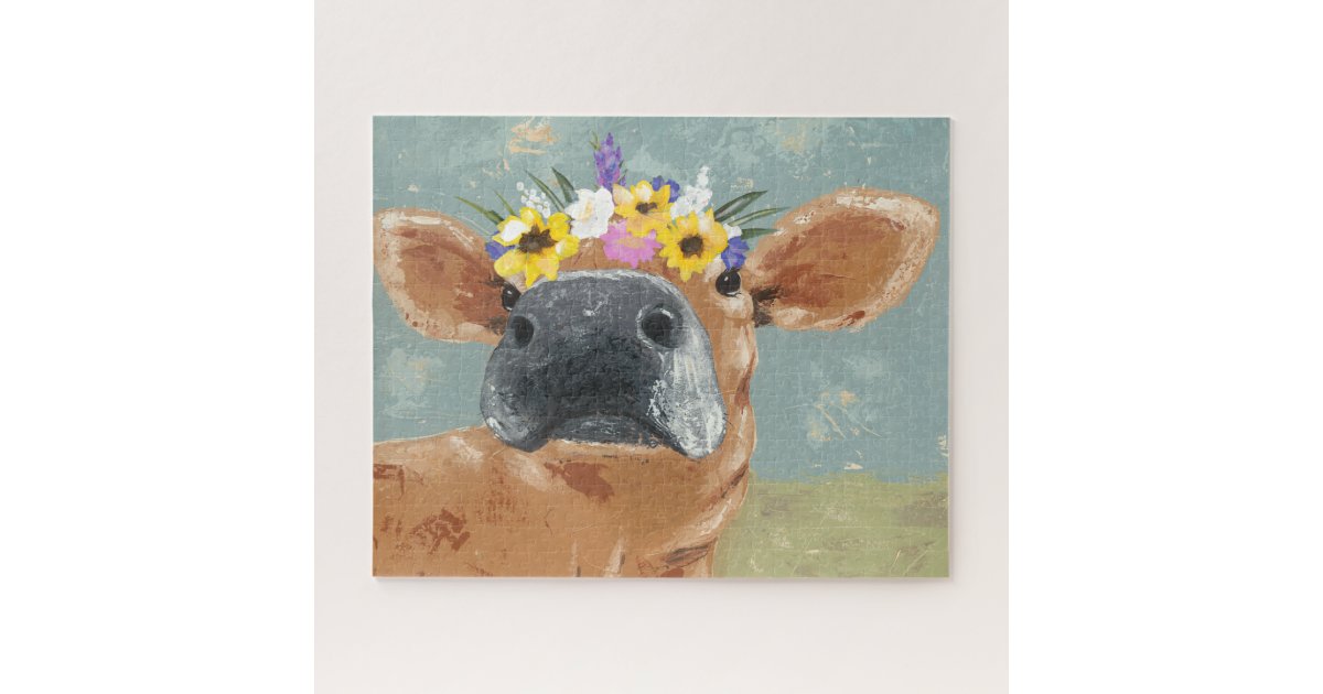 Farm Fun Cow With Flower Crown Jigsaw Puzzle Zazzle Com
