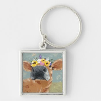 Farm Fun - Cow With Flower Crown Keychain by worldartgroup at Zazzle