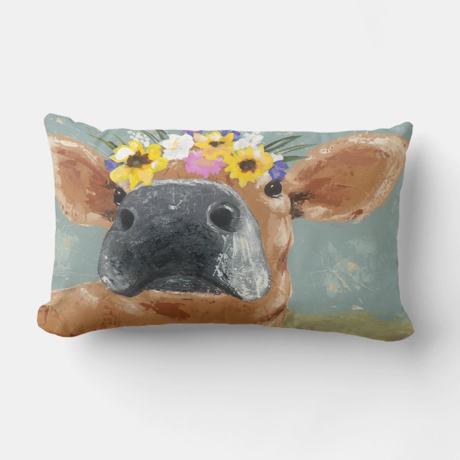 Farm Fun - Cow with Flower Crown Lumbar Pillow (Front)