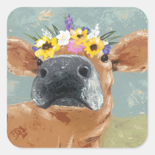 Farm Fun _ Cow with Flower Crown Square Sticker