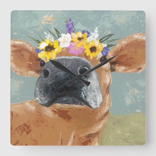 Farm Fun _ Cow with Flower Crown Square Wall Clock