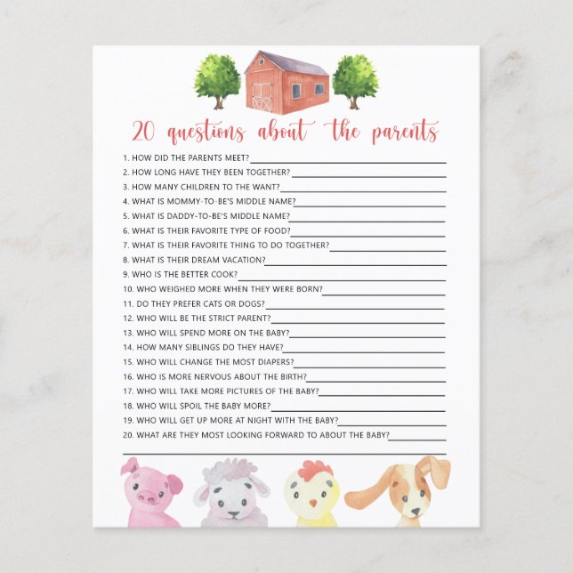 Farm - games - 20 questions about the parents (Front)