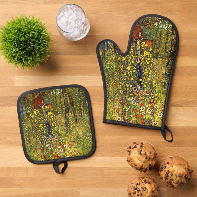 Farm Garden with Crucifix by Gustav Klimt Oven Mitt & Pot Holder Set (Top Down)