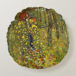 Farm Garden with Crucifix by Gustav Klimt Round Pillow<br><div class="desc">Farm Garden with Crucifix (1911/1912) by Gustav Klimt is a vintage Victorian Era Symbolism fine art religious painting. A nature scene with a variety of flowers surrounding a crucifix with Jesus Christ in a garden on a farm. About the artist: Gustav Klimt (1862-1918) was an Austrian Symbolist painter and one...</div>