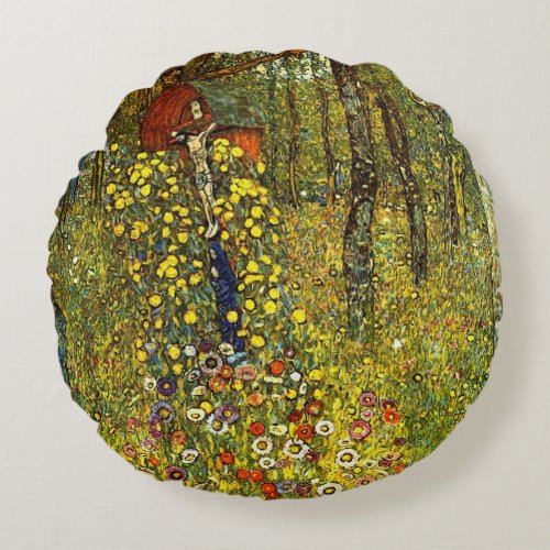 Farm Garden with Crucifix by Gustav Klimt Round Pillow