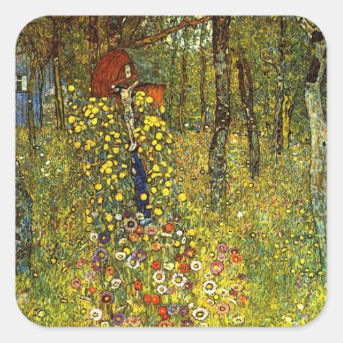 Farm Garden with Crucifix by Gustav Klimt Square Sticker